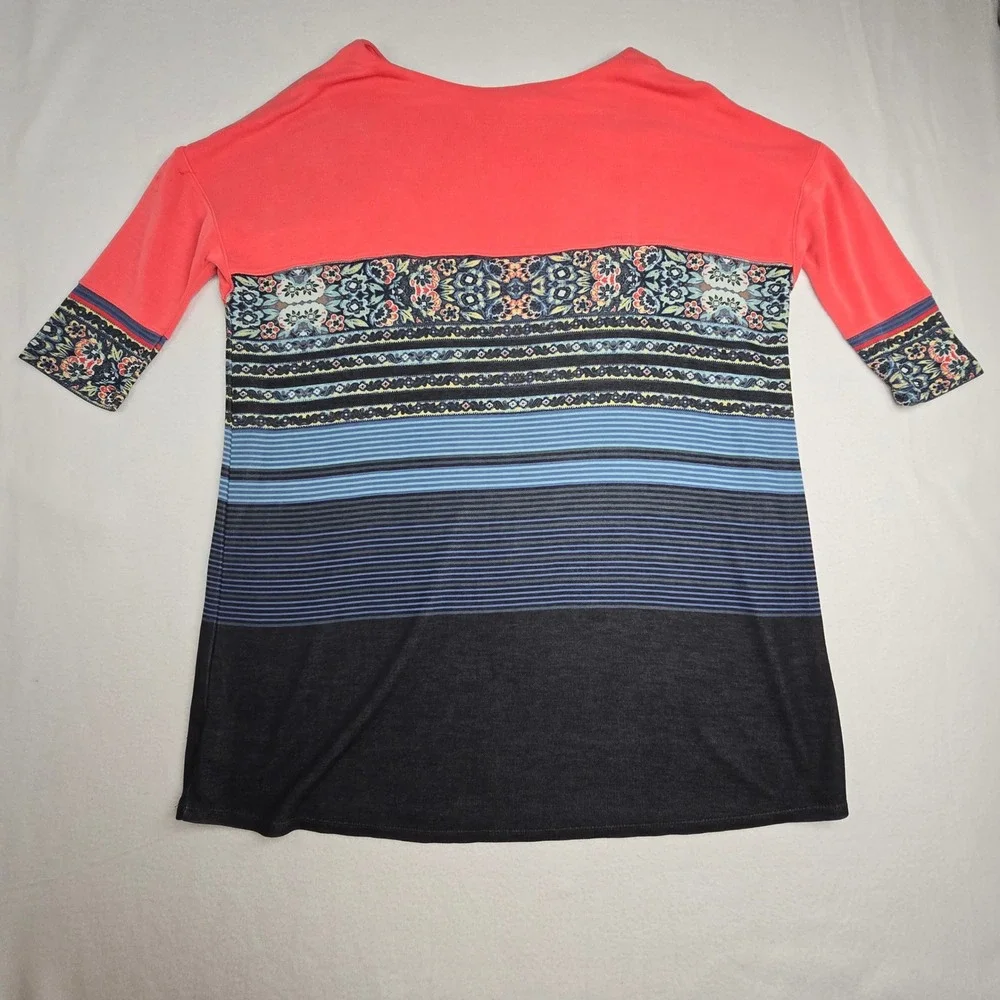 Free People Steppin Out Coral Boho Paisley Stripe 3/4 Sleeve Tunic Dress Size M